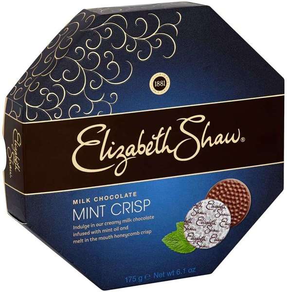 Czekoladki miętowe, Milk Chocolate Mint Crisp 175g Elizabeth Shaw DATA PRZYDATNOŚCI: 30/07/2022