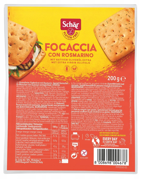 Chleb bezglutenowy z rozmarynem, Focaccia con Rosmarino (3x66g) 200g Schar TERMIN PRZYDATNOŚCI 29-10-2025